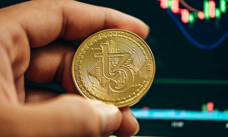 a hand holding a gold bitcoin in front of a stock chart