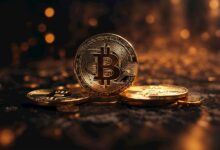 a bitcoin sitting on top of a pile of gold coins