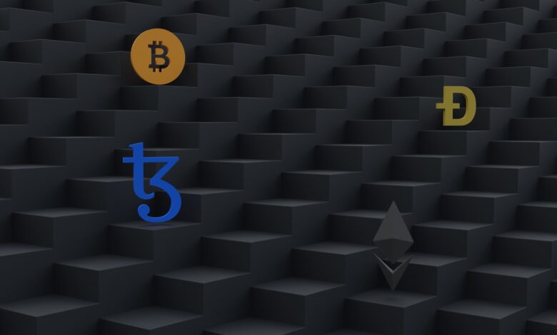 a bunch of different types of bitcoins on a black background