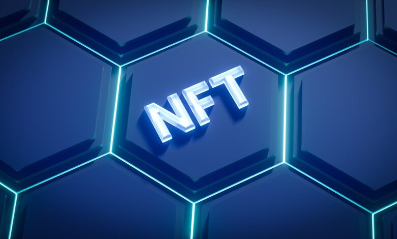 a blue hexagonal background with the word nft on it