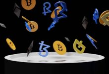 a bunch of bitcoins falling into the air