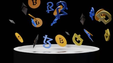 a bunch of bitcoins falling into the air