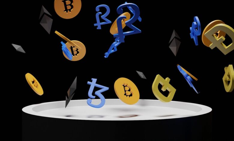 a bunch of bitcoins falling into the air