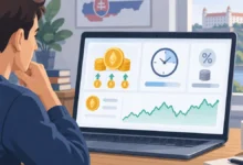 Ilustrácia stakingu s odmenami v tokenoch, poplatkami, lehotou výberu a kolísaním ceny