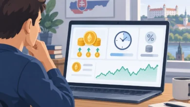 Ilustrácia stakingu s odmenami v tokenoch, poplatkami, lehotou výberu a kolísaním ceny