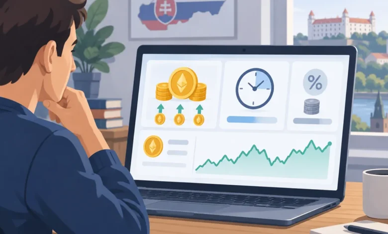 Ilustrácia stakingu s odmenami v tokenoch, poplatkami, lehotou výberu a kolísaním ceny